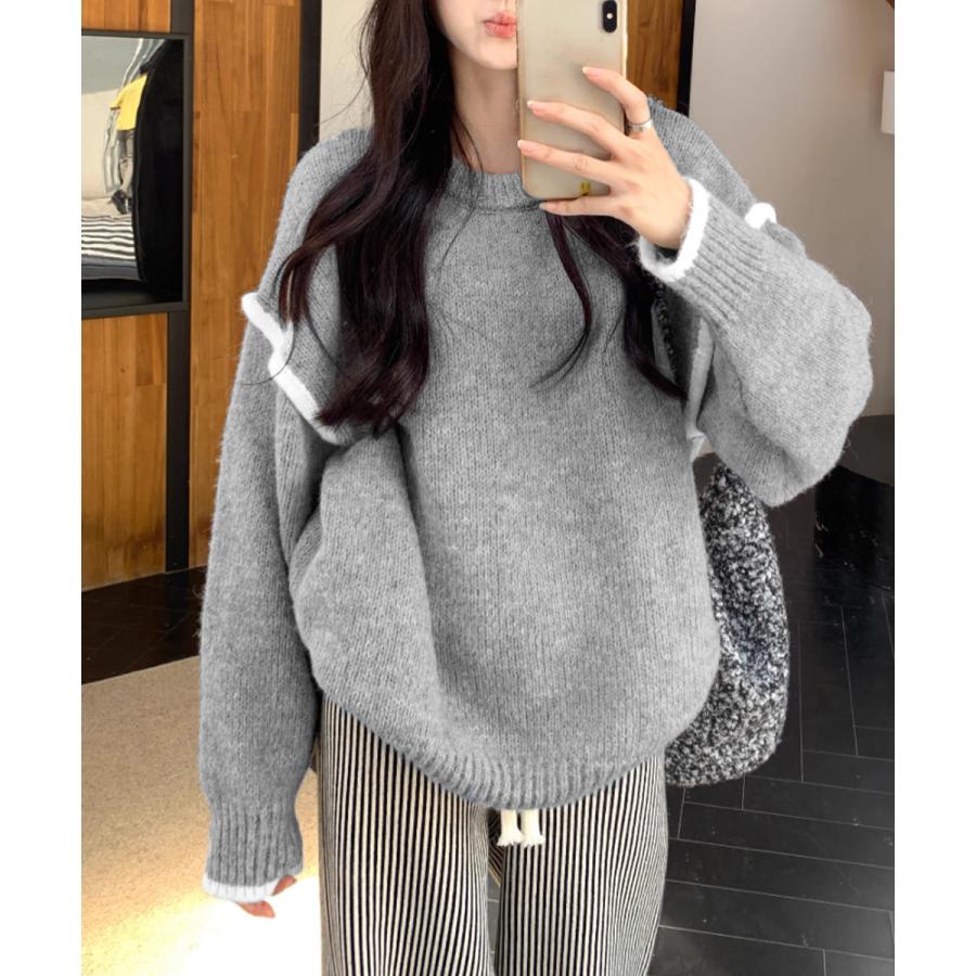 ゆったりニットトップスラウンドネック冬服