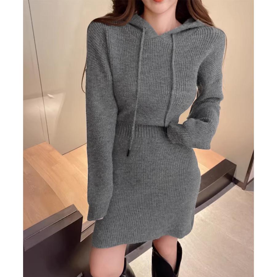 ミニニットワンピース フード付き 韓国風