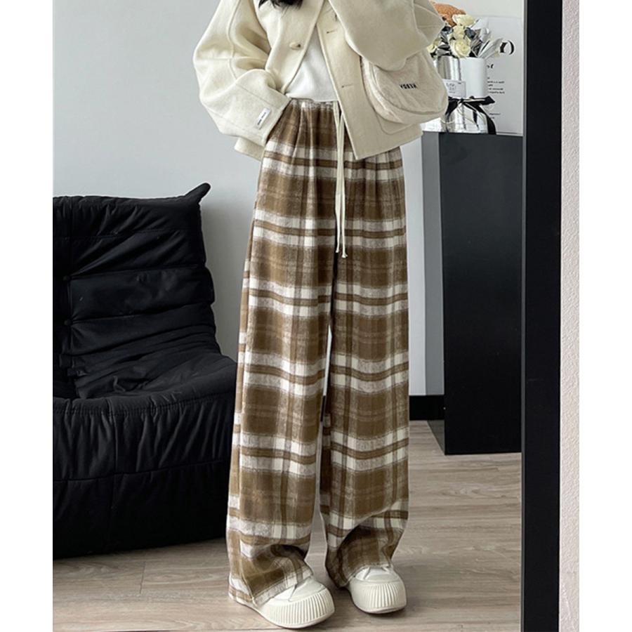 チェック柄パンツハイウエストワイドパンツ