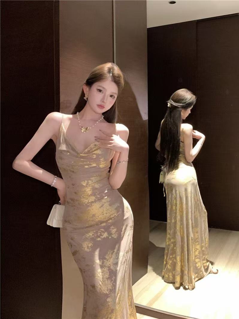 【新品未使用】ゴールドプリントロングマーメ イドキャミドレス