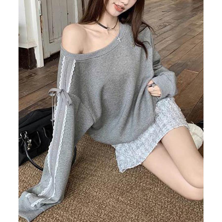 オフショルダースウェット長袖レースリボン
